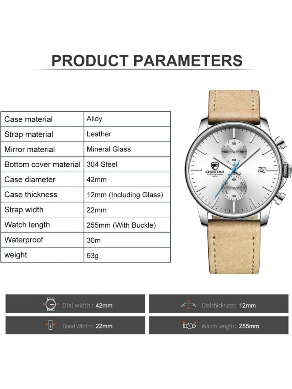Men's Silver Brown Quartz Analog Leather Strap Stainless Steel Chronograph Watch